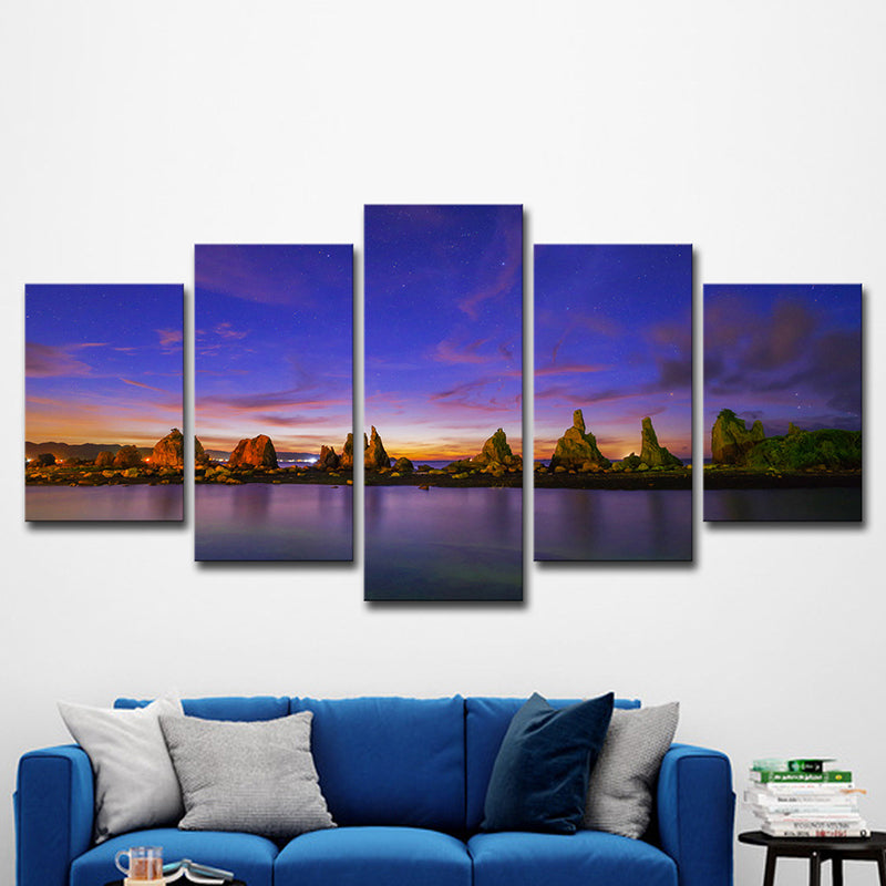 Blue Evening Glow Canvas Riverside Rocks Scene Modern Multi-Piece Wall Art Print Clearhalo 'Art Gallery' 'Canvas Art' 'Contemporary Art Gallery' 'Modern' Arts' 1615572