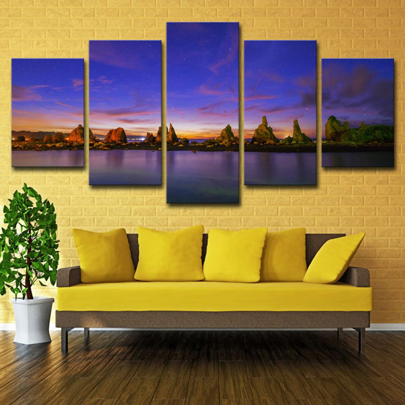 Blue Evening Glow Canvas Riverside Rocks Scene Modern Multi-Piece Wall Art Print Clearhalo 'Art Gallery' 'Canvas Art' 'Contemporary Art Gallery' 'Modern' Arts' 1615573
