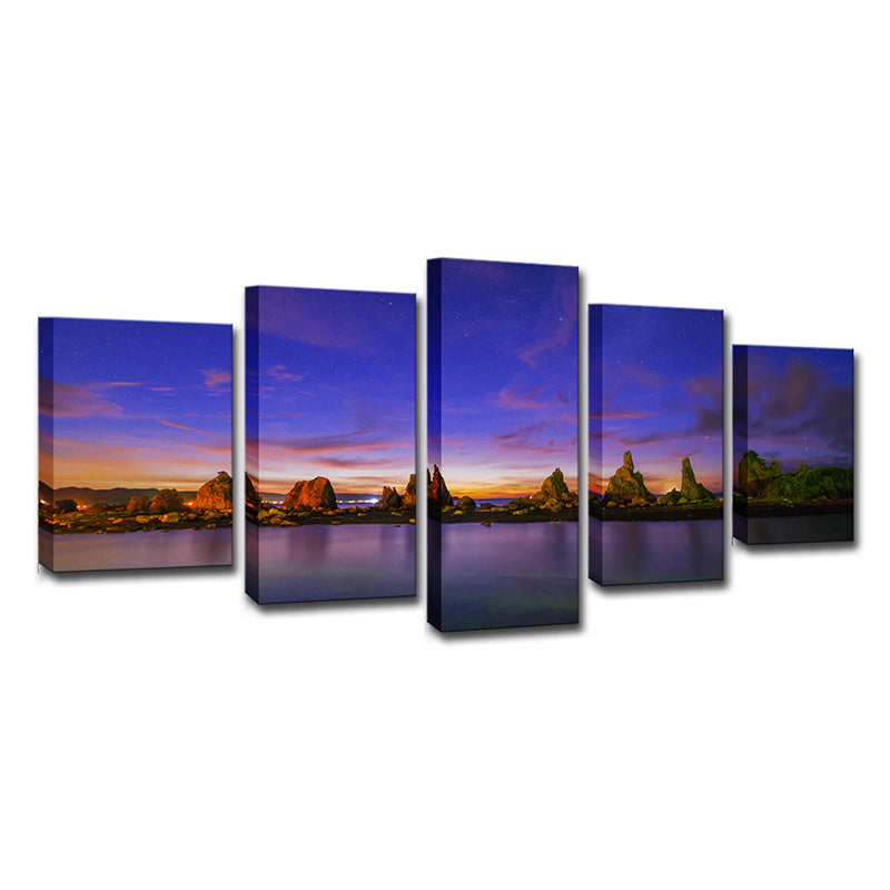 Blue Evening Glow Canvas Riverside Rocks Scene Modern Multi-Piece Wall Art Print Clearhalo 'Art Gallery' 'Canvas Art' 'Contemporary Art Gallery' 'Modern' Arts' 1615574