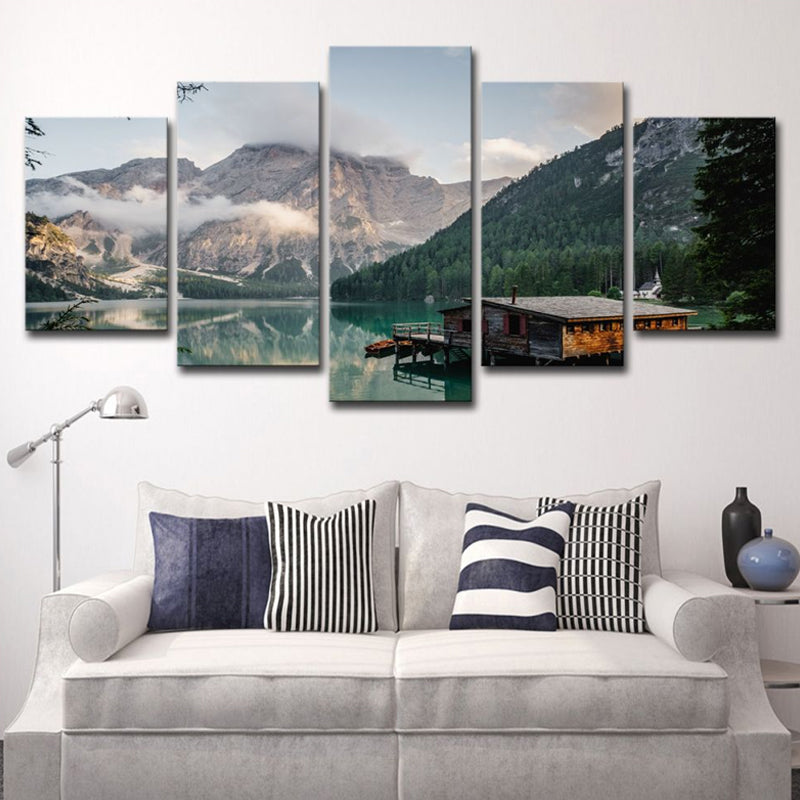 Grey Modern Canvas Print Lake House by the Mountain Wall Art for Hotel, Multi-Piece Grey Clearhalo 'Art Gallery' 'Canvas Art' 'Contemporary Art Gallery' 'Modern' Arts' 1615578