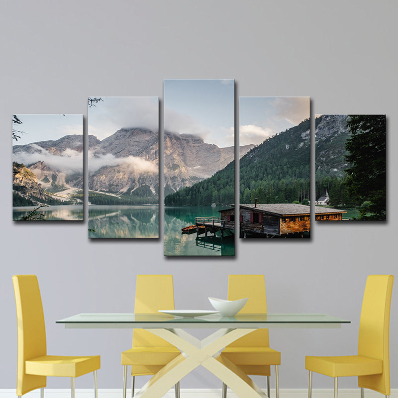 Grey Modern Canvas Print Lake House by the Mountain Wall Art for Hotel, Multi-Piece Clearhalo 'Art Gallery' 'Canvas Art' 'Contemporary Art Gallery' 'Modern' Arts' 1615579