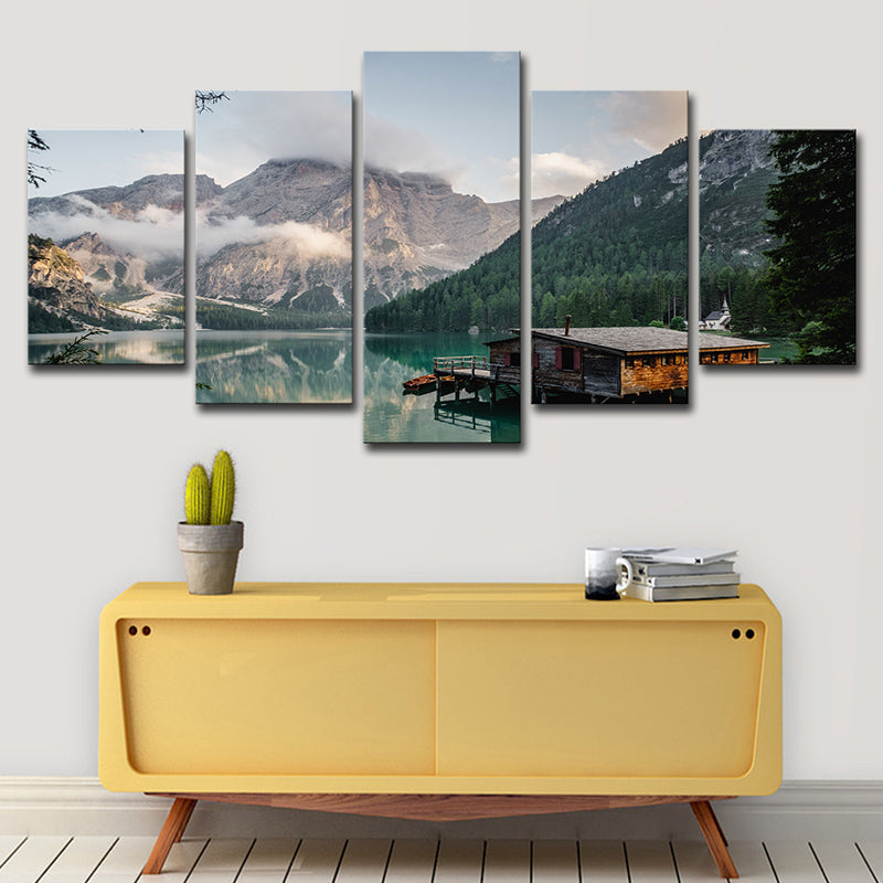 Grey Modern Canvas Print Lake House by the Mountain Wall Art for Hotel, Multi-Piece Clearhalo 'Art Gallery' 'Canvas Art' 'Contemporary Art Gallery' 'Modern' Arts' 1615580