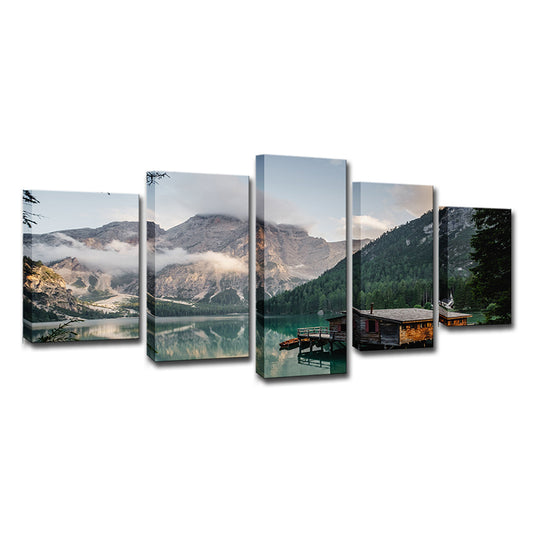 Grey Modern Canvas Print Lake House by the Mountain Wall Art for Hotel, Multi-Piece Clearhalo 'Art Gallery' 'Canvas Art' 'Contemporary Art Gallery' 'Modern' Arts' 1615581