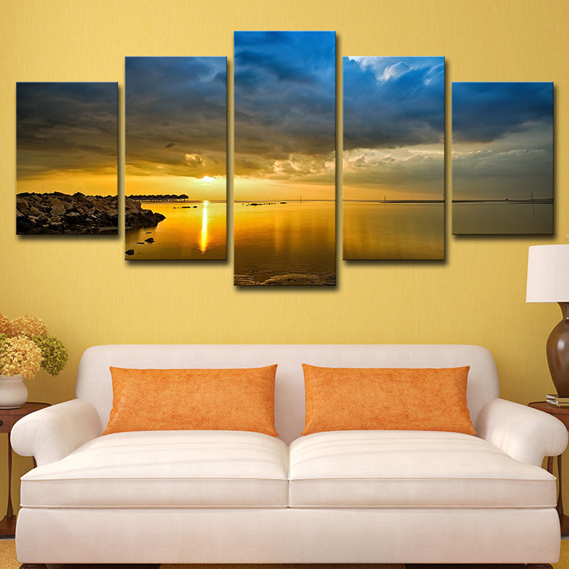 Canvas Multi-Piece Wall Decor Modern Lake and Cloudy Sky Sunset Scenery Art Print in Yellow Clearhalo 'Art Gallery' 'Canvas Art' 'Contemporary Art Gallery' 'Modern' Arts' 1615587