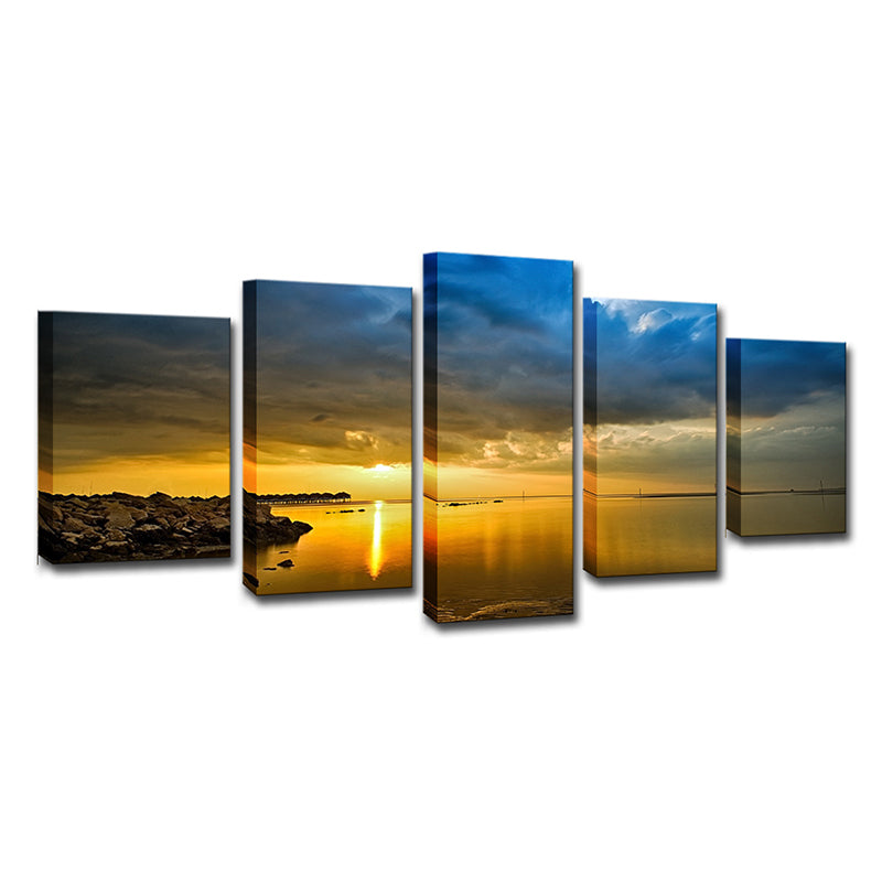 Canvas Multi-Piece Wall Decor Modern Lake and Cloudy Sky Sunset Scenery Art Print in Yellow Clearhalo 'Art Gallery' 'Canvas Art' 'Contemporary Art Gallery' 'Modern' Arts' 1615588