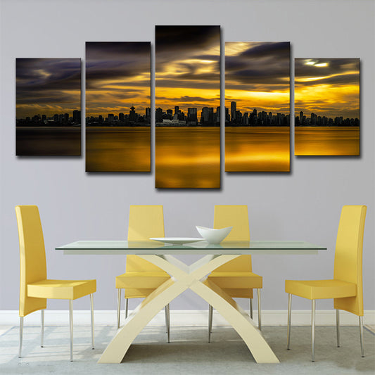 Downtown Vancouver Sunset Glow Art Print Yellow Global Inspired Wall Decor for Dining Room Yellow Clearhalo 'Art Gallery' 'Canvas Art' 'Contemporary Art Gallery' 'Modern' Arts' 1615592