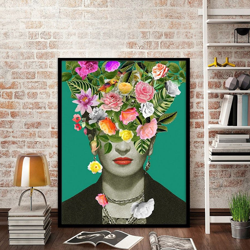 Green Bohemian Style Canvas Woman with Flower Wreath Wall Art for Living Room