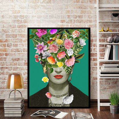 Green Bohemian Style Canvas Woman with Flower Wreath Wall Art for Living Room Green Clearhalo 'Arts' 'Canvas Art' 1615604