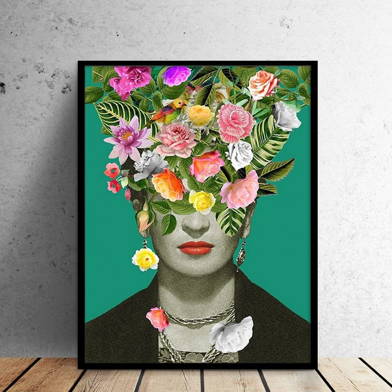 Green Bohemian Style Canvas Woman with Flower Wreath Wall Art for Living Room
