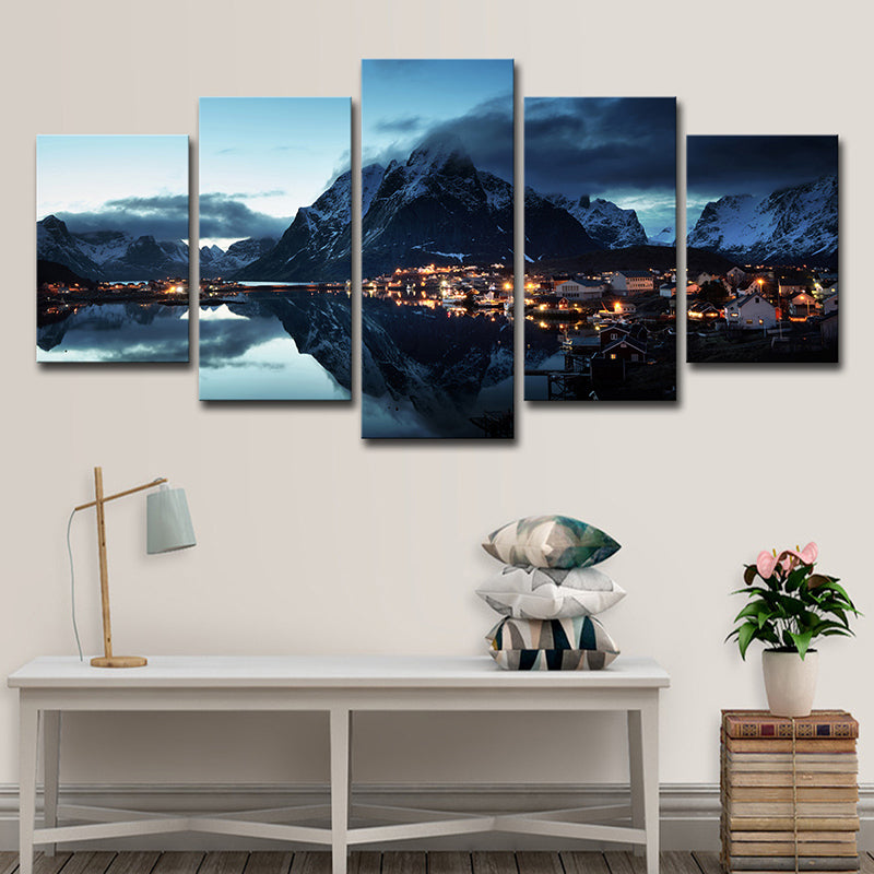 Modern Canvas Print Dark Blue Mountain Village by the River Night Scenery Wall Art Clearhalo 'Art Gallery' 'Canvas Art' 'Contemporary Art Gallery' 'Modern' Arts' 1615626