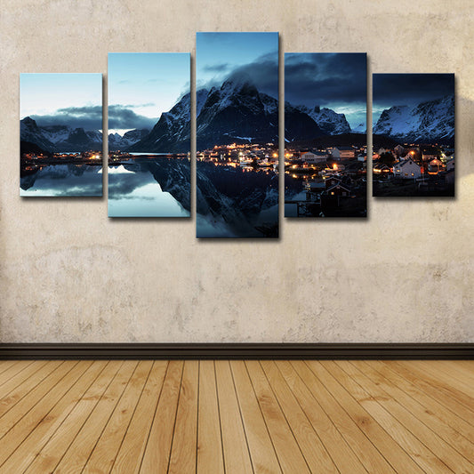 Modern Canvas Print Dark Blue Mountain Village by the River Night Scenery Wall Art Clearhalo 'Art Gallery' 'Canvas Art' 'Contemporary Art Gallery' 'Modern' Arts' 1615627