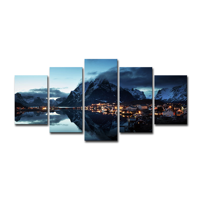 Modern Canvas Print Dark Blue Mountain Village by the River Night Scenery Wall Art Clearhalo 'Art Gallery' 'Canvas Art' 'Contemporary Art Gallery' 'Modern' Arts' 1615628