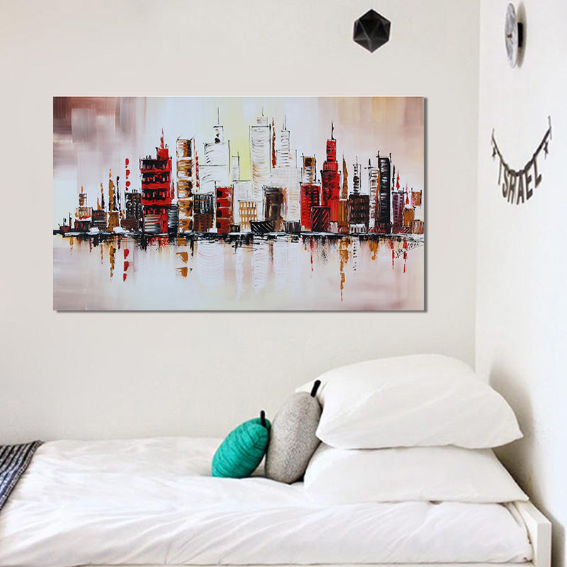 Riverside Metropolis Painting Canvas for Hotel Scenery Wall Art in Red, Textured Red 24" x 31" Clearhalo 'Art Gallery' 'Canvas Art' 'Contemporary Art Gallery' 'Modern' Arts' 1615700