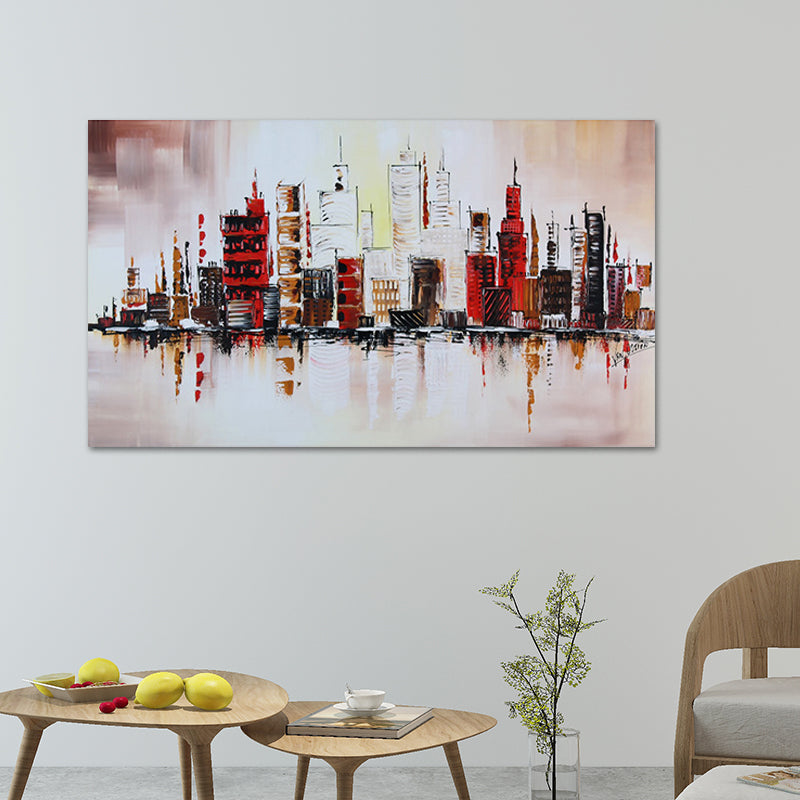 Riverside Metropolis Painting Canvas for Hotel Scenery Wall Art in Red, Textured Clearhalo 'Art Gallery' 'Canvas Art' 'Contemporary Art Gallery' 'Modern' Arts' 1615701