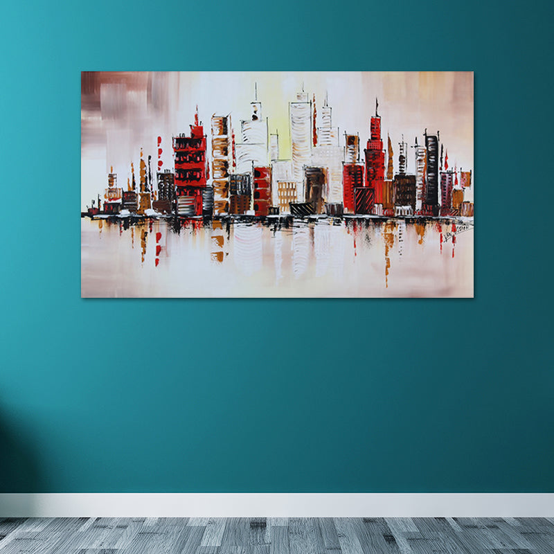 Riverside Metropolis Painting Canvas for Hotel Scenery Wall Art in Red, Textured Clearhalo 'Art Gallery' 'Canvas Art' 'Contemporary Art Gallery' 'Modern' Arts' 1615702
