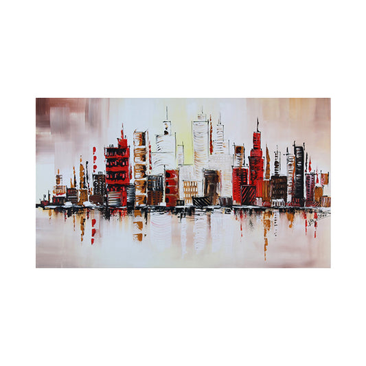 Riverside Metropolis Painting Canvas for Hotel Scenery Wall Art in Red, Textured Clearhalo 'Art Gallery' 'Canvas Art' 'Contemporary Art Gallery' 'Modern' Arts' 1615703