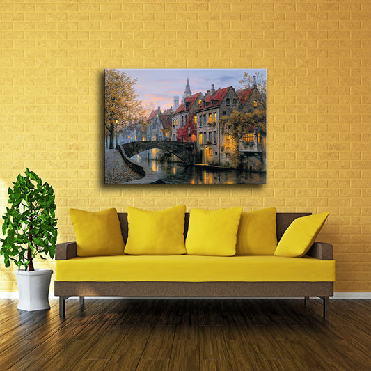 Red Autumn Scenery Painting Bridge to Houses Modern Textured Canvas Wall Art for Home Red Clearhalo 'Art Gallery' 'Canvas Art' 'Contemporary Art Gallery' 'Modern' Arts' 1615705