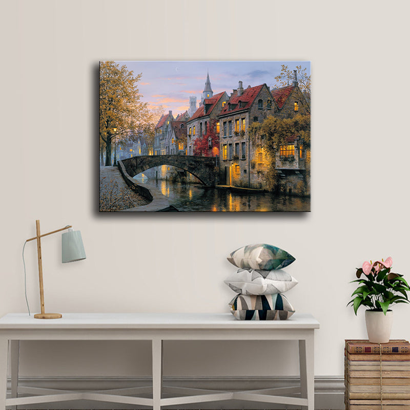Red Autumn Scenery Painting Bridge to Houses Modern Textured Canvas Wall Art for Home Clearhalo 'Art Gallery' 'Canvas Art' 'Contemporary Art Gallery' 'Modern' Arts' 1615706