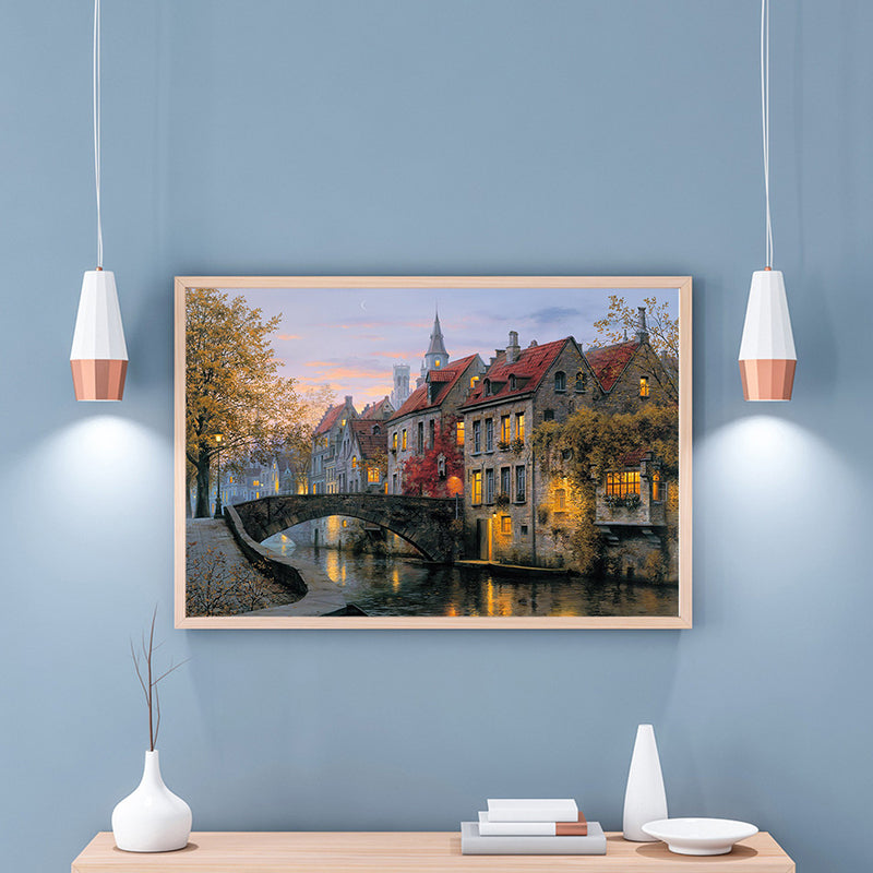 Red Autumn Scenery Painting Bridge to Houses Modern Textured Canvas Wall Art for Home Clearhalo 'Art Gallery' 'Canvas Art' 'Contemporary Art Gallery' 'Modern' Arts' 1615707