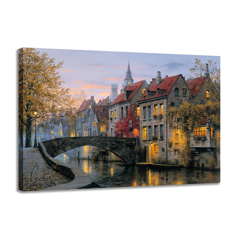 Red Autumn Scenery Painting Bridge to Houses Modern Textured Canvas Wall Art for Home Clearhalo 'Art Gallery' 'Canvas Art' 'Contemporary Art Gallery' 'Modern' Arts' 1615708