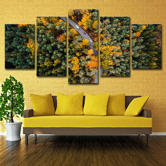 Aerial Photography Forest Road Canvas Wall Art for Sitting Room, Orange and Green Orange Clearhalo 'Art Gallery' 'Canvas Art' 'Contemporary Art Gallery' 'Modern' Arts' 1615745
