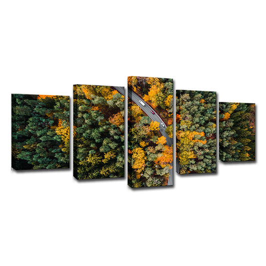 Aerial Photography Forest Road Canvas Wall Art for Sitting Room, Orange and Green Clearhalo 'Art Gallery' 'Canvas Art' 'Contemporary Art Gallery' 'Modern' Arts' 1615748