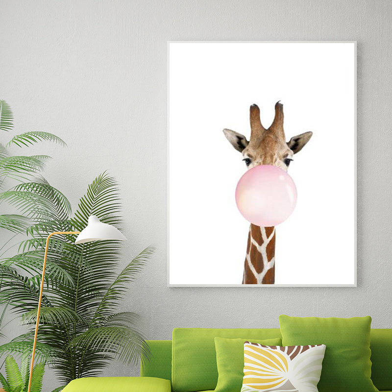Illustration Childrens Art Wall Decor with Animal Chewing Bubble Gum Pattern in Soft Color Brown Clearhalo 'Art Gallery' 'Canvas Art' 'Kids' Arts' 1615765