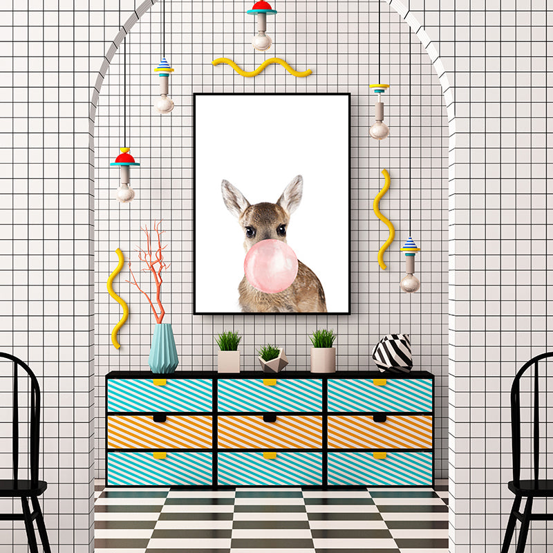 Illustration Childrens Art Wall Decor with Animal Chewing Bubble Gum Pattern in Soft Color Clearhalo 'Art Gallery' 'Canvas Art' 'Kids' Arts' 1615779