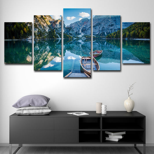 Modernism Canvas Wall Art Blue Lake Reflection of Mountain and Boat Scenery Wall Decor Blue Clearhalo 'Art Gallery' 'Canvas Art' 'Contemporary Art Gallery' 'Modern' Arts' 1615790