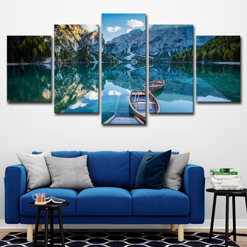Modernism Canvas Wall Art Blue Lake Reflection of Mountain and Boat Scenery Wall Decor Clearhalo 'Art Gallery' 'Canvas Art' 'Contemporary Art Gallery' 'Modern' Arts' 1615792