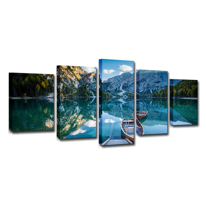 Modernism Canvas Wall Art Blue Lake Reflection of Mountain and Boat Scenery Wall Decor Clearhalo 'Art Gallery' 'Canvas Art' 'Contemporary Art Gallery' 'Modern' Arts' 1615793