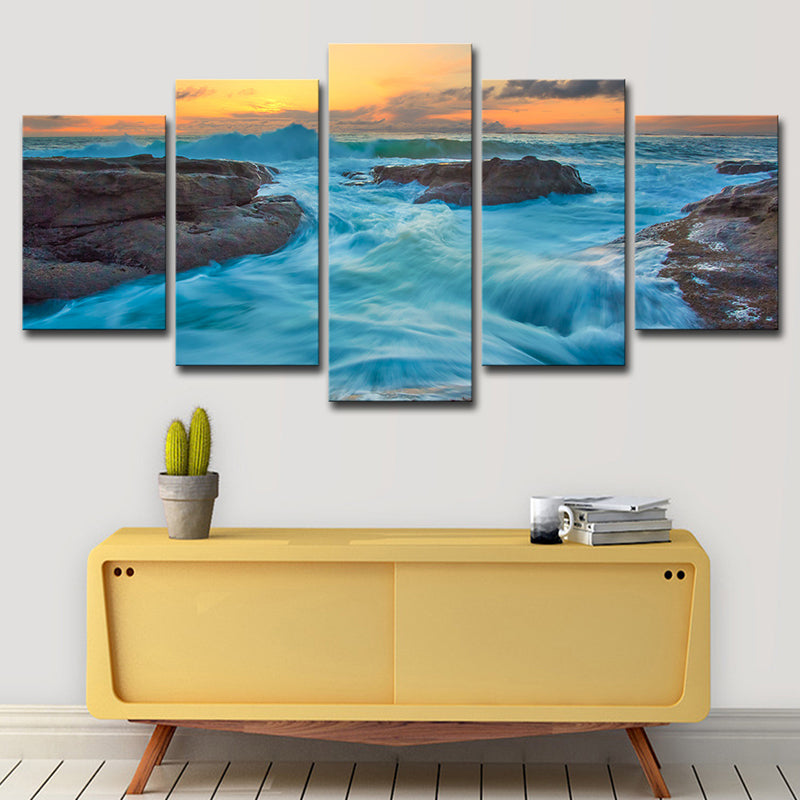 Nightfall Seascape Rushing Water Art Print Modern Canvas Wall Decor in Ocean Blue Clearhalo 'Art Gallery' 'Canvas Art' 'Contemporary Art Gallery' 'Modern' Arts' 1615833