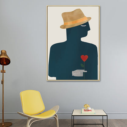 Canvas Texture Painting Nordic Gentleman Holding A Love-Shaped Flower Wall Art Navy Clearhalo 'Arts' 'Canvas Art' 1615873