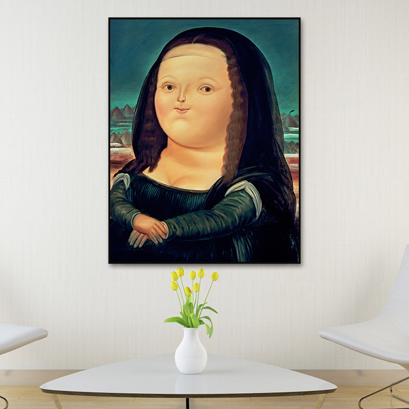 Mona Lisa Smile Canvas Art Cartoon Cute Figure Painting Wall Decor in Black and Blue Black Clearhalo 'Art Gallery' 'Canvas Art' 'Contemporary Art Gallery' 'Modern' Arts' 1615887