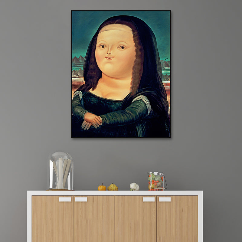 Mona Lisa Smile Canvas Art Cartoon Cute Figure Painting Wall Decor in Black and Blue Clearhalo 'Art Gallery' 'Canvas Art' 'Contemporary Art Gallery' 'Modern' Arts' 1615889
