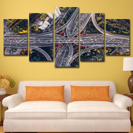 Canvas Black Wall Decor Urban Aerial View of City Crossroad Wall Art Set for Living Room Black Clearhalo 'Art Gallery' 'Canvas Art' 'Contemporary Art Gallery' 'Modern' Arts' 1615894