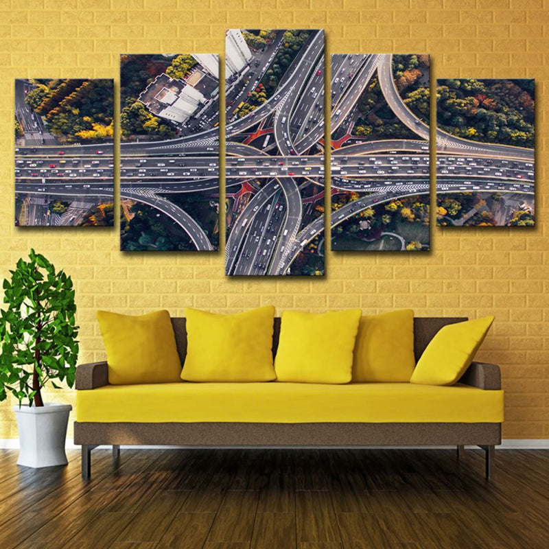 Canvas Black Wall Decor Urban Aerial View of City Crossroad Wall Art Set for Living Room Clearhalo 'Art Gallery' 'Canvas Art' 'Contemporary Art Gallery' 'Modern' Arts' 1615896