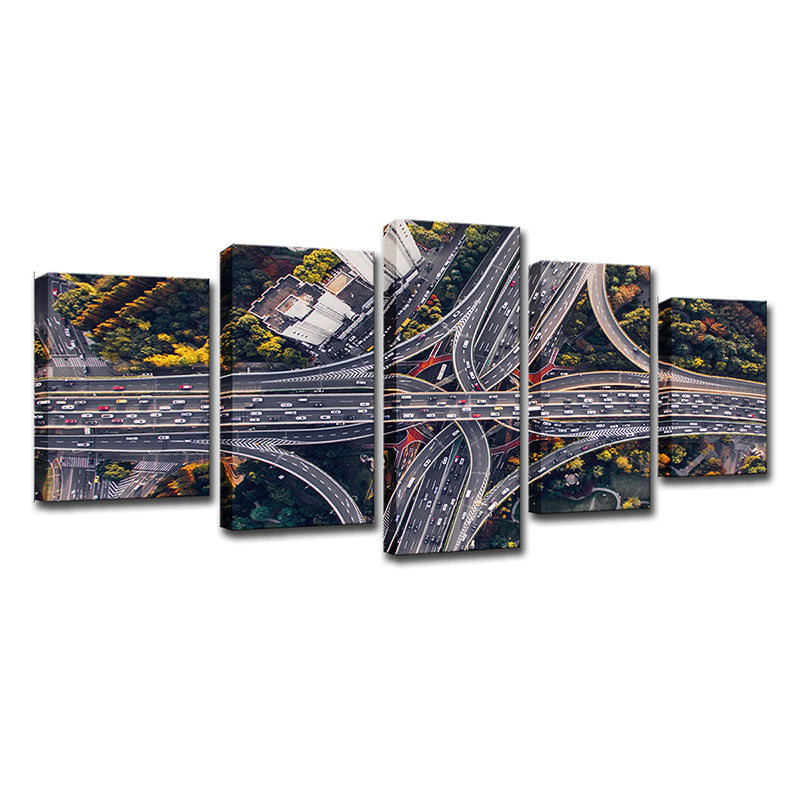 Canvas Black Wall Decor Urban Aerial View of City Crossroad Wall Art Set for Living Room Clearhalo 'Art Gallery' 'Canvas Art' 'Contemporary Art Gallery' 'Modern' Arts' 1615897