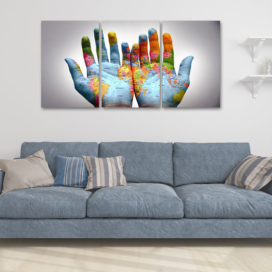 Photography World Map Hands Art Print for Meeting Room, Blue and White, Set of 3 Blue 24" x 48" Clearhalo 'Art Gallery' 'Canvas Art' 'Contemporary Art Gallery' 'Modern' Arts' 1615901