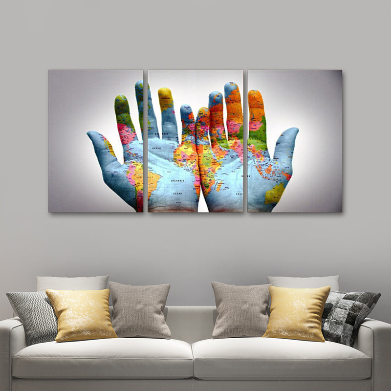 Photography World Map Hands Art Print for Meeting Room, Blue and White, Set of 3 Clearhalo 'Art Gallery' 'Canvas Art' 'Contemporary Art Gallery' 'Modern' Arts' 1615902