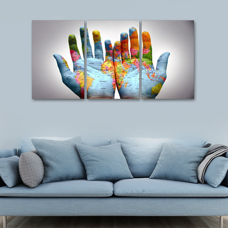 Photography World Map Hands Art Print for Meeting Room, Blue and White, Set of 3 Clearhalo 'Art Gallery' 'Canvas Art' 'Contemporary Art Gallery' 'Modern' Arts' 1615903