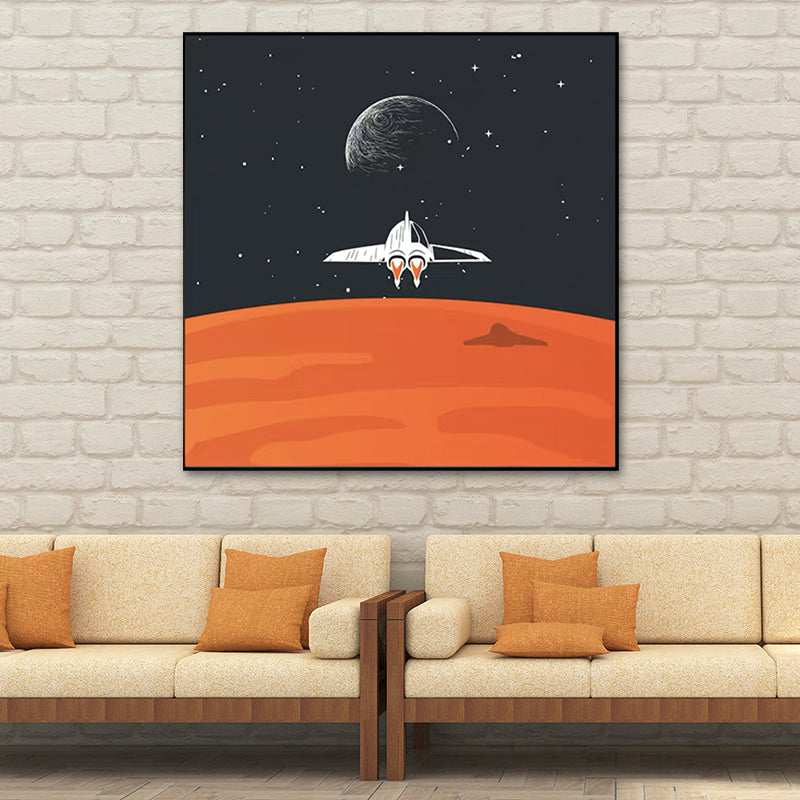 Outer Space Adventure Canvas Childrens Art Cute Cartoon Wall Decor in Dark Color Yellow Clearhalo 'Art Gallery' 'Canvas Art' 'Kids' Arts' 1615948