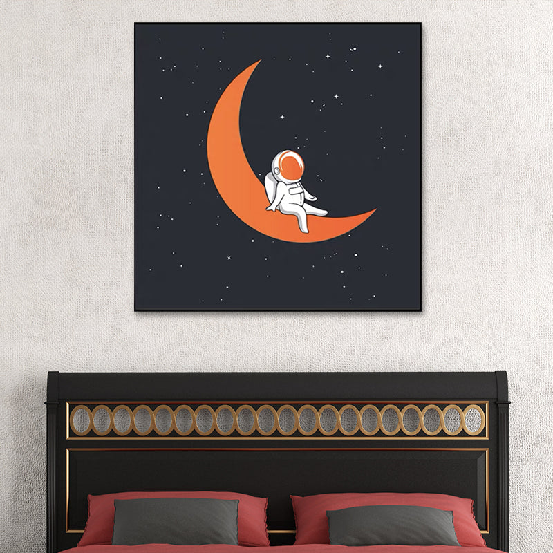 Outer Space Adventure Canvas Childrens Art Cute Cartoon Wall Decor in Dark Color Black Clearhalo 'Art Gallery' 'Canvas Art' 'Kids' Arts' 1615955