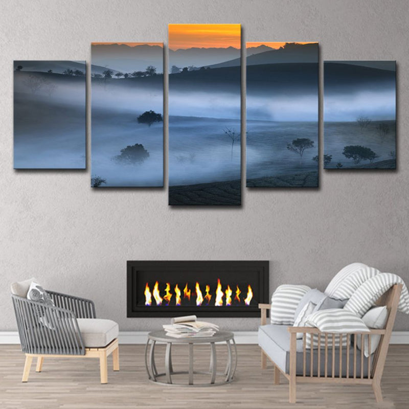 Blue Foggy Land Wall Decor Scenery Modernism Multi-Piece Canvas Art for Dining Room Clearhalo 'Art Gallery' 'Canvas Art' 'Contemporary Art Gallery' 'Modern' Arts' 1615978