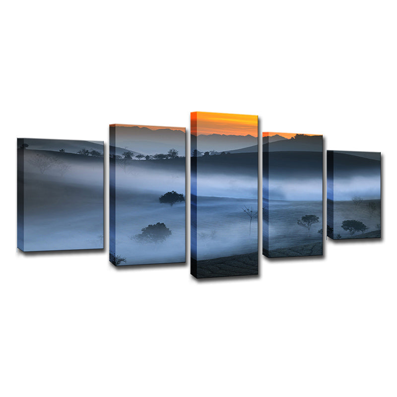 Blue Foggy Land Wall Decor Scenery Modernism Multi-Piece Canvas Art for Dining Room Clearhalo 'Art Gallery' 'Canvas Art' 'Contemporary Art Gallery' 'Modern' Arts' 1615979