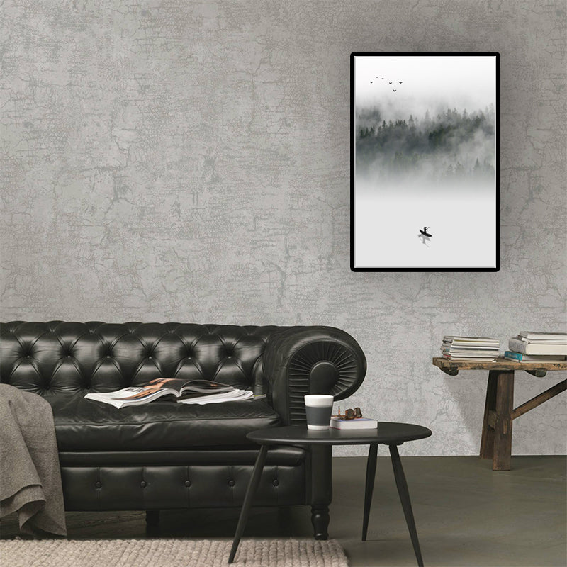 Light-Color Asian Wall Art Boat Floats on Lake by the Foggy Forest Canvas Print for Dining Room - Grey - Clearhalo - 'Arts' - 'Canvas Art' - 1616018