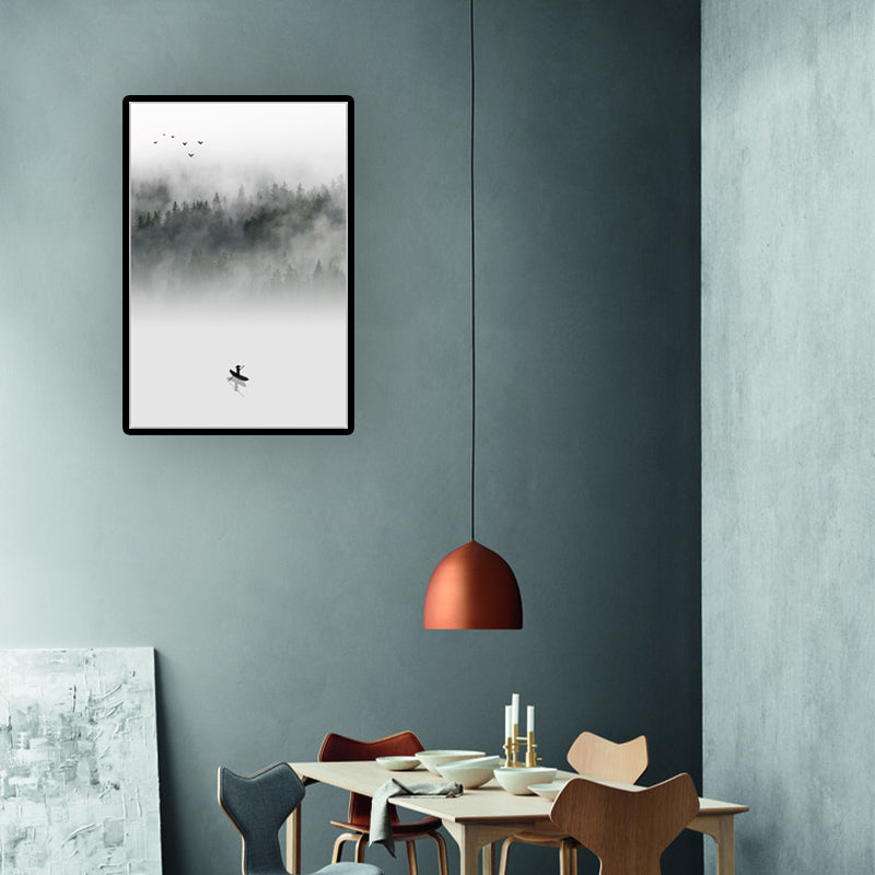 Light-Color Asian Wall Art Boat Floats on Lake by the Foggy Forest Canvas Print for Dining Room Clearhalo 'Arts' 'Canvas Art' 1616019