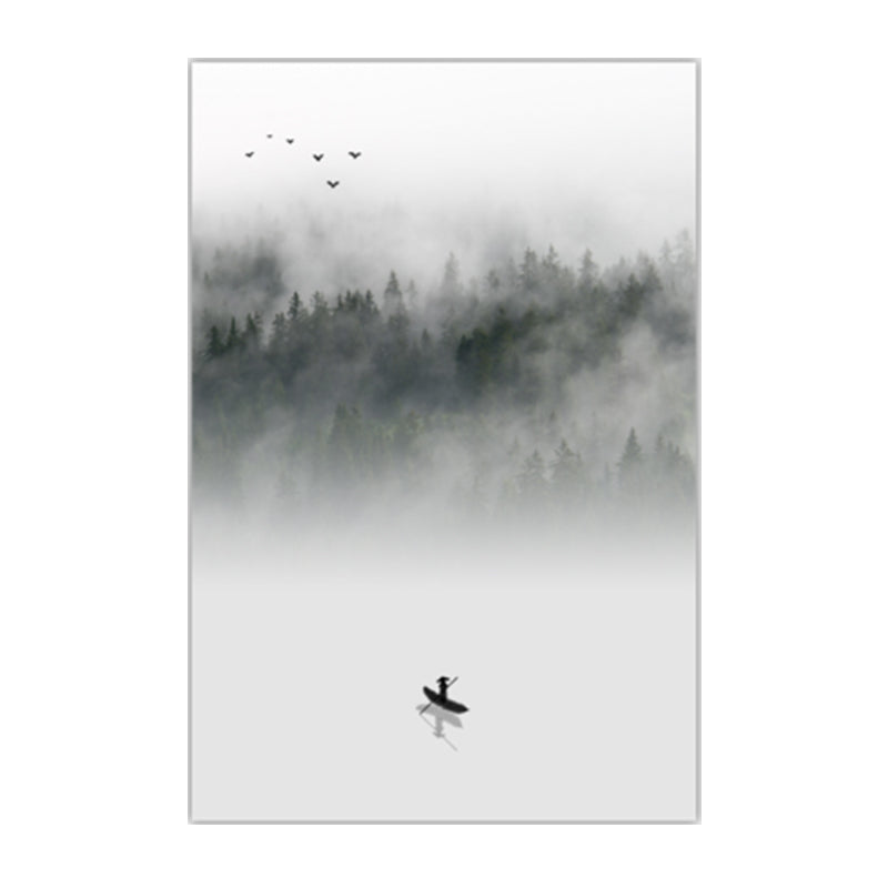Light-Color Asian Wall Art Boat Floats on Lake by the Foggy Forest Canvas Print for Dining Room - Clearhalo - 'Arts' - 'Canvas Art' - 1616021