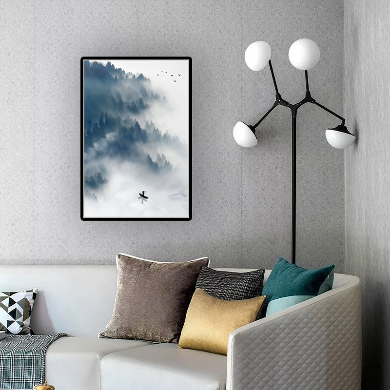 Light-Color Asian Wall Art Boat Floats on Lake by the Foggy Forest Canvas Print for Dining Room Blue Clearhalo 'Arts' 'Canvas Art' 1616025