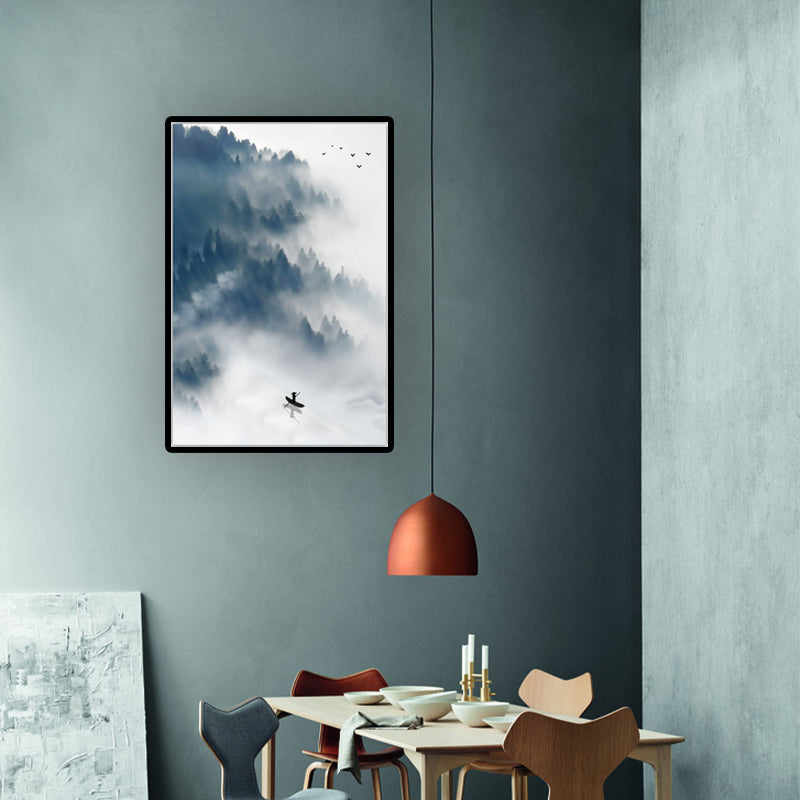 Light-Color Asian Wall Art Boat Floats on Lake by the Foggy Forest Canvas Print for Dining Room Clearhalo 'Arts' 'Canvas Art' 1616026